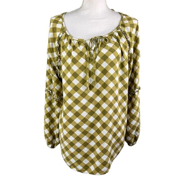 Pioneer Woman Micro Ruffled Gingham Checked Blouse XL Pullover Long Sleeve - Picture 1 of 10